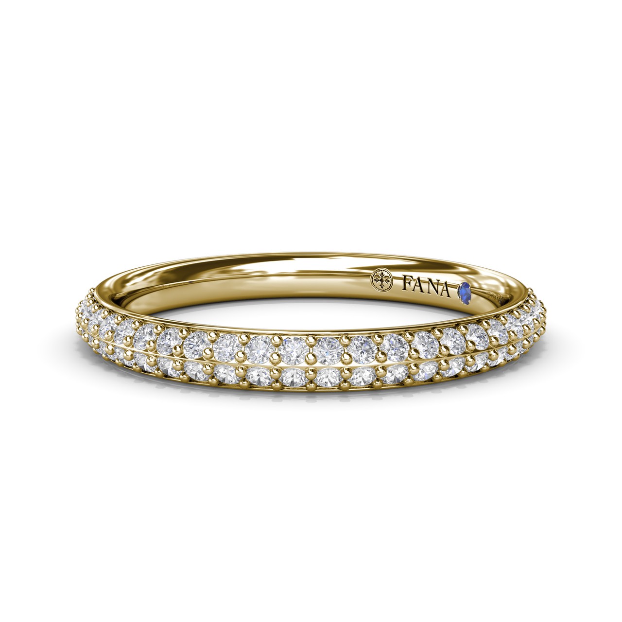 Fana 14k yellow gold two row diamond wedding band, style W4381, featuring a double row of micro-pavé set round brilliant diamonds