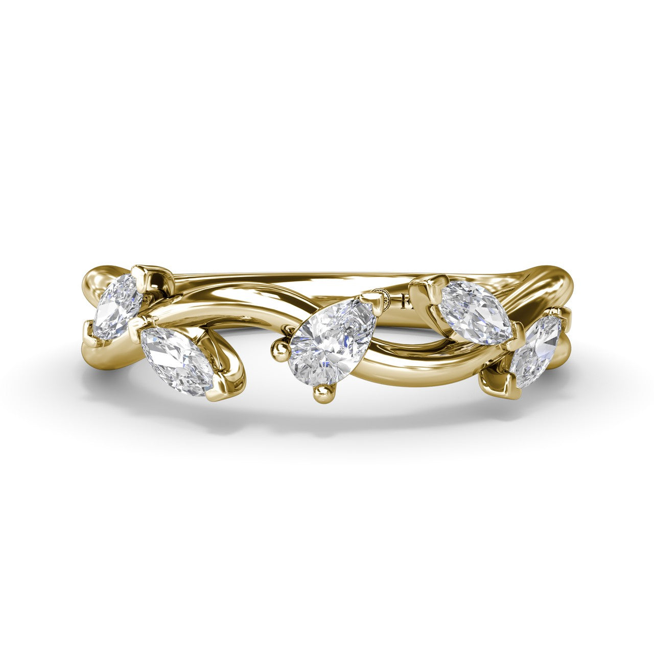 Fana 14k yellow gold wedding band, style W4409, featuring an organic open-vine design set with alternating marquise and pear-shaped diamond leaf accents
