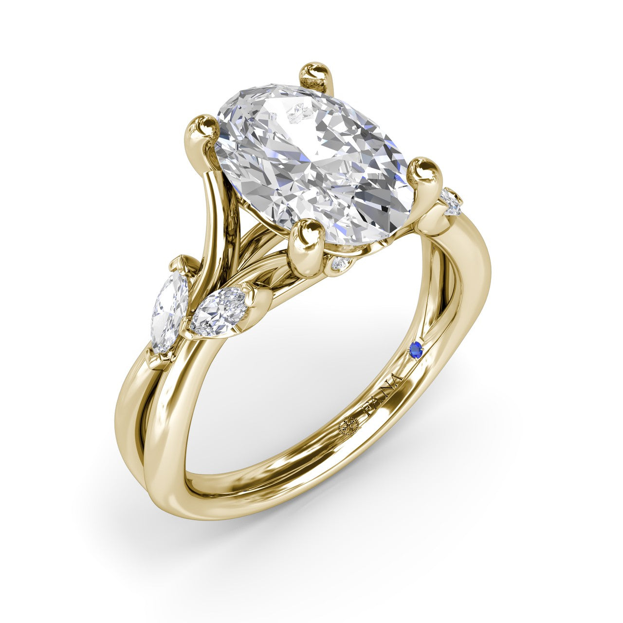 Fana 14k yellow gold engagement ring setting, S4409, features a 4 prong oval center diamond on a sculpted band resembling intertwining vines with marquise diamond leaf accents