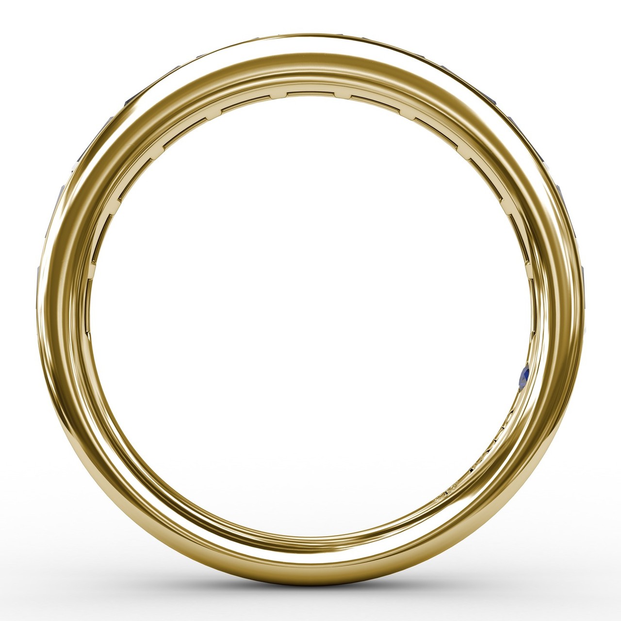 Circular interior and profile view of the Fana W3289 yellow gold channel band highlighting the solid high-polish borders and signature gemstone detail