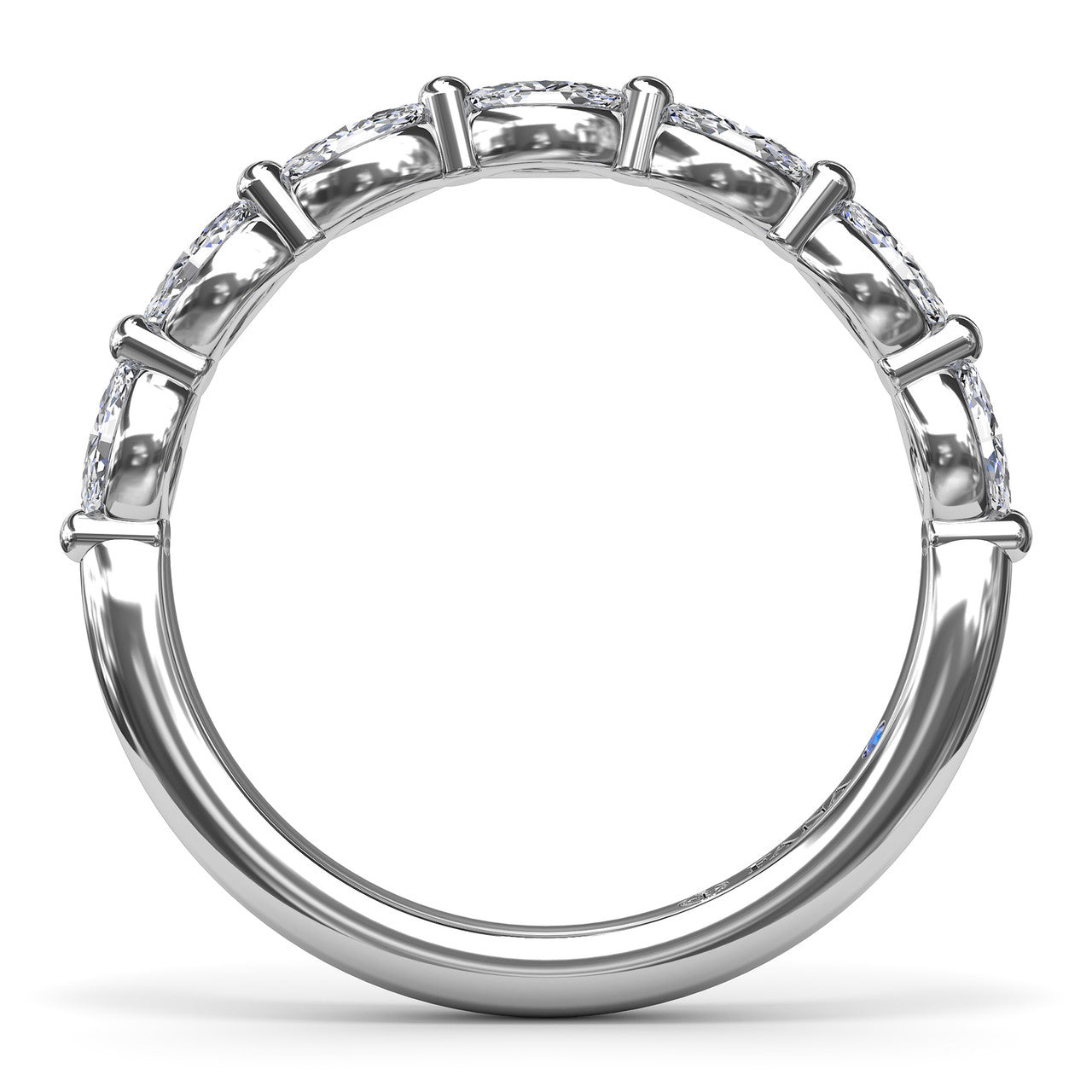 Top-down circular profile shot of the Fana W4074 horizontal marquise diamond band highlighting the uniform stone alignment