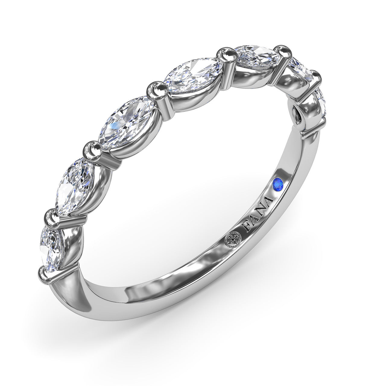 Angled side-view profile of the Fana W4074 marquise diamond wedding ring displaying the polished metal under-gallery and setting security