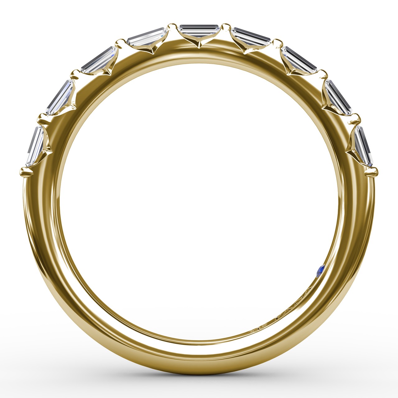 Circular interior view of the Fana W4108 yellow gold baguette ring highlighting the structural bar setting detail and high-polish finish