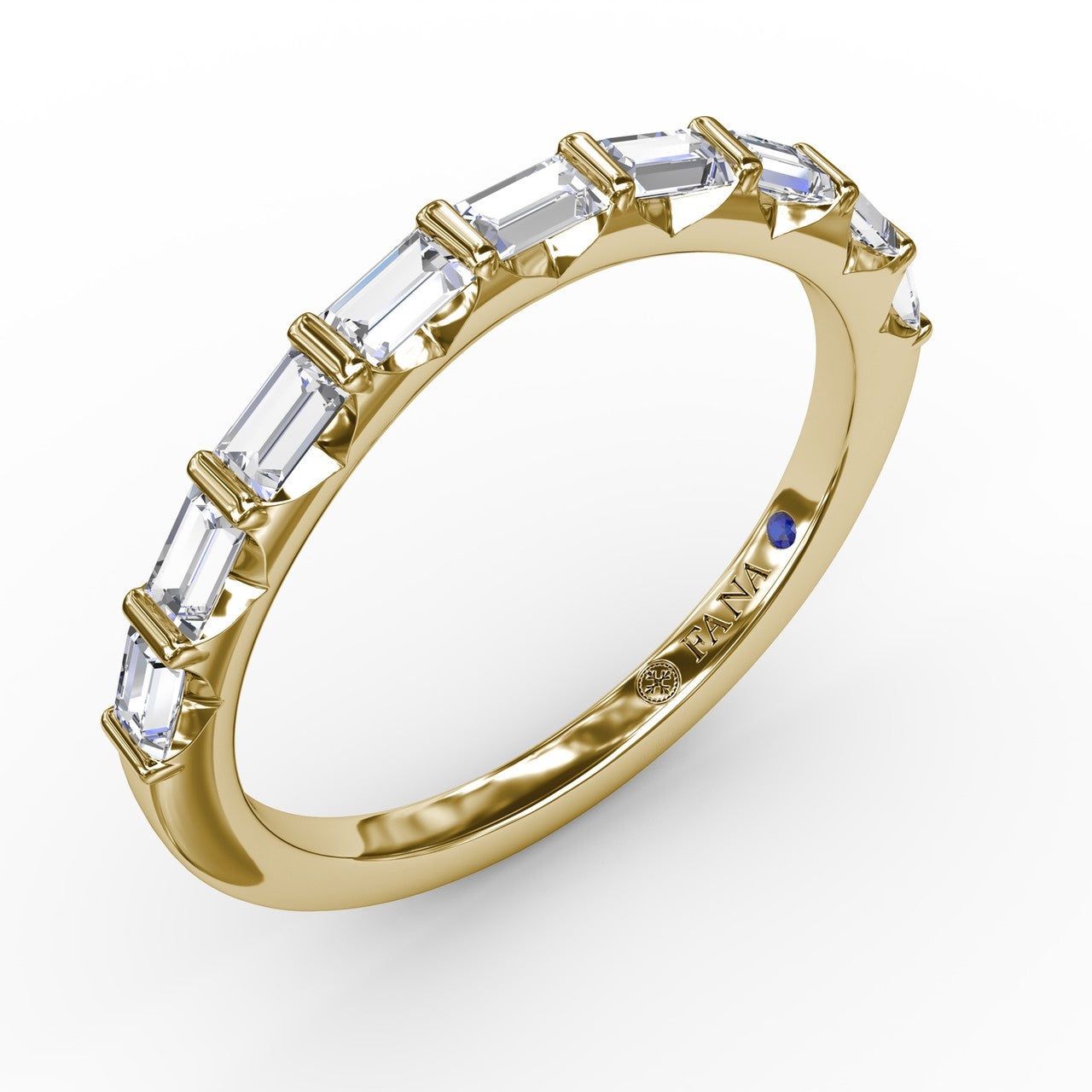 Angled side profile view of the Fana W4108 yellow gold horizontal baguette diamond ring showcasing the profile height and stone layout