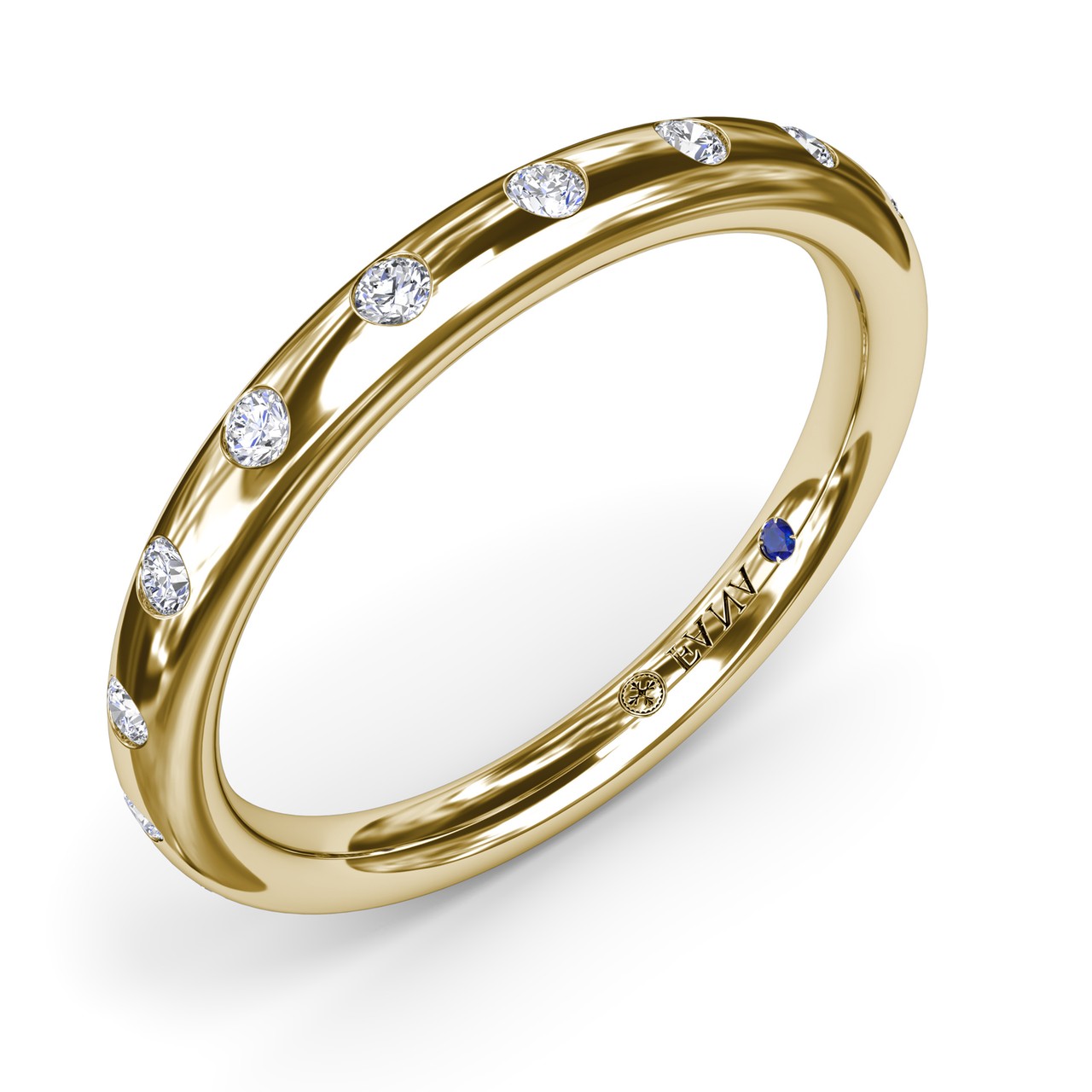 Angled side-view profile of the Fana W4351 yellow gold wedding band highlighting the smooth polished metal surface and scattered starburst-like diamond placement
