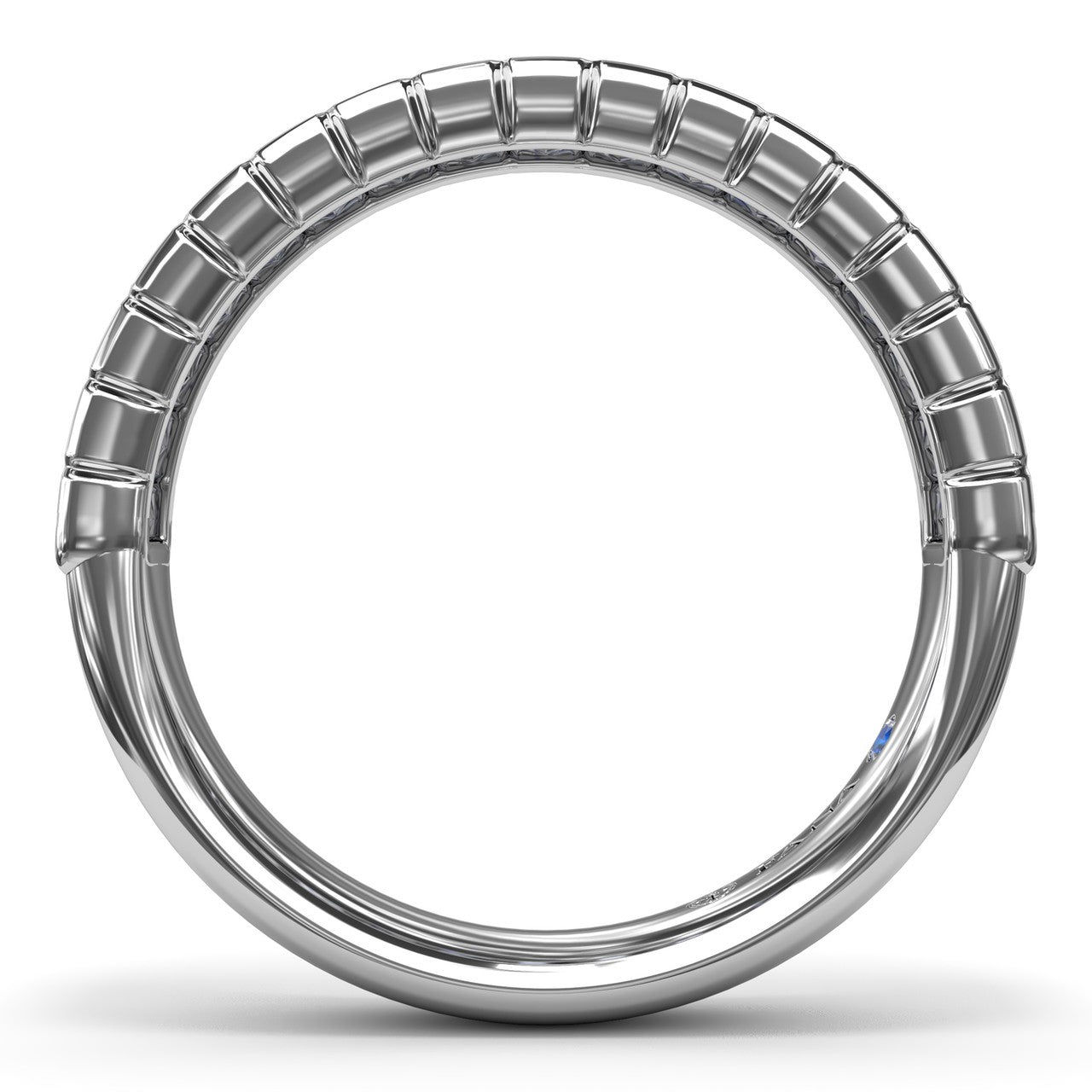 Circular interior view of the Fana W4378 white gold bezel baguette ring showing the comfort-fit interior shank and partial-etched design
