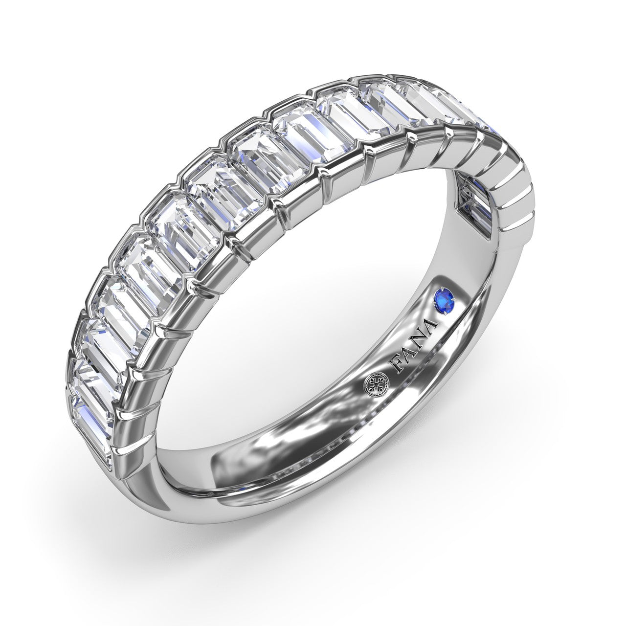 Angled side-view profile of the Fana W4378 white gold bezel diamond band highlighting the uniform vertical stone bars and polished metal borders