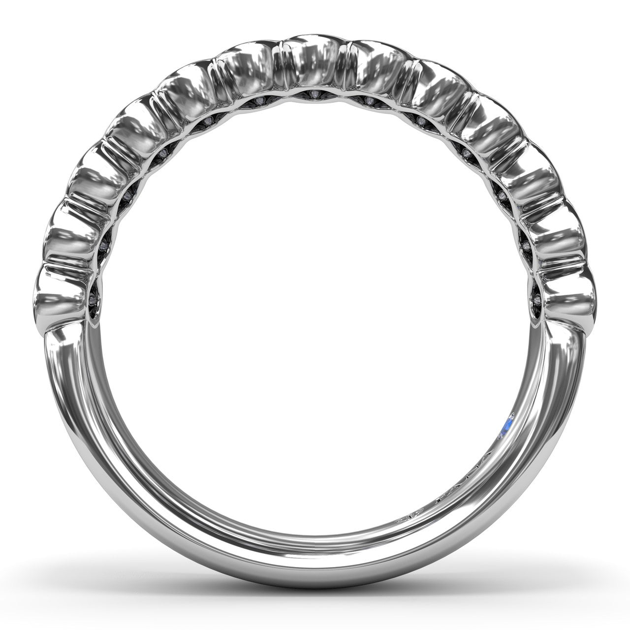Circular interior view of the Fana W4379 white gold bezel oval ring showing the smooth comfort-fit interior shank and uniform stone spacing
