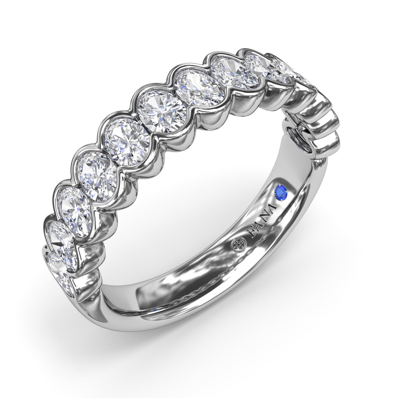Angled side-view profile of the Fana W4379 white gold bezel diamond band highlighting the polished metal borders and open under-gallery settings