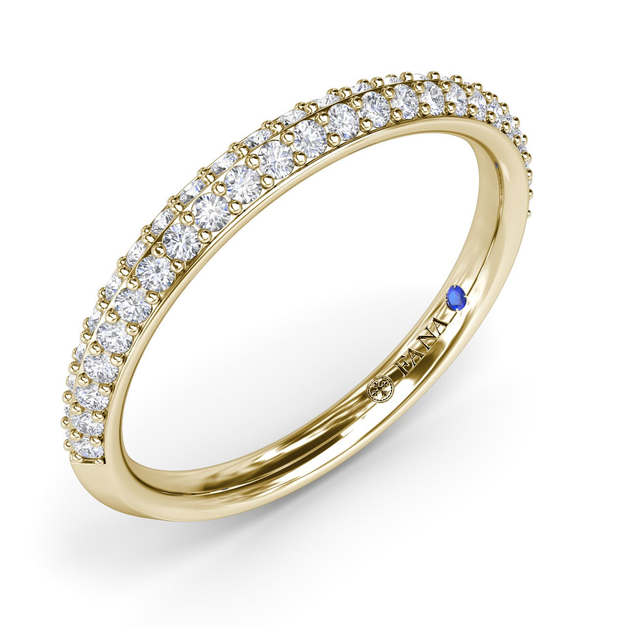 Angled view of the Fana W4381 yellow gold double row diamond anniversary band highlighting the precise shared-prong setting architecture