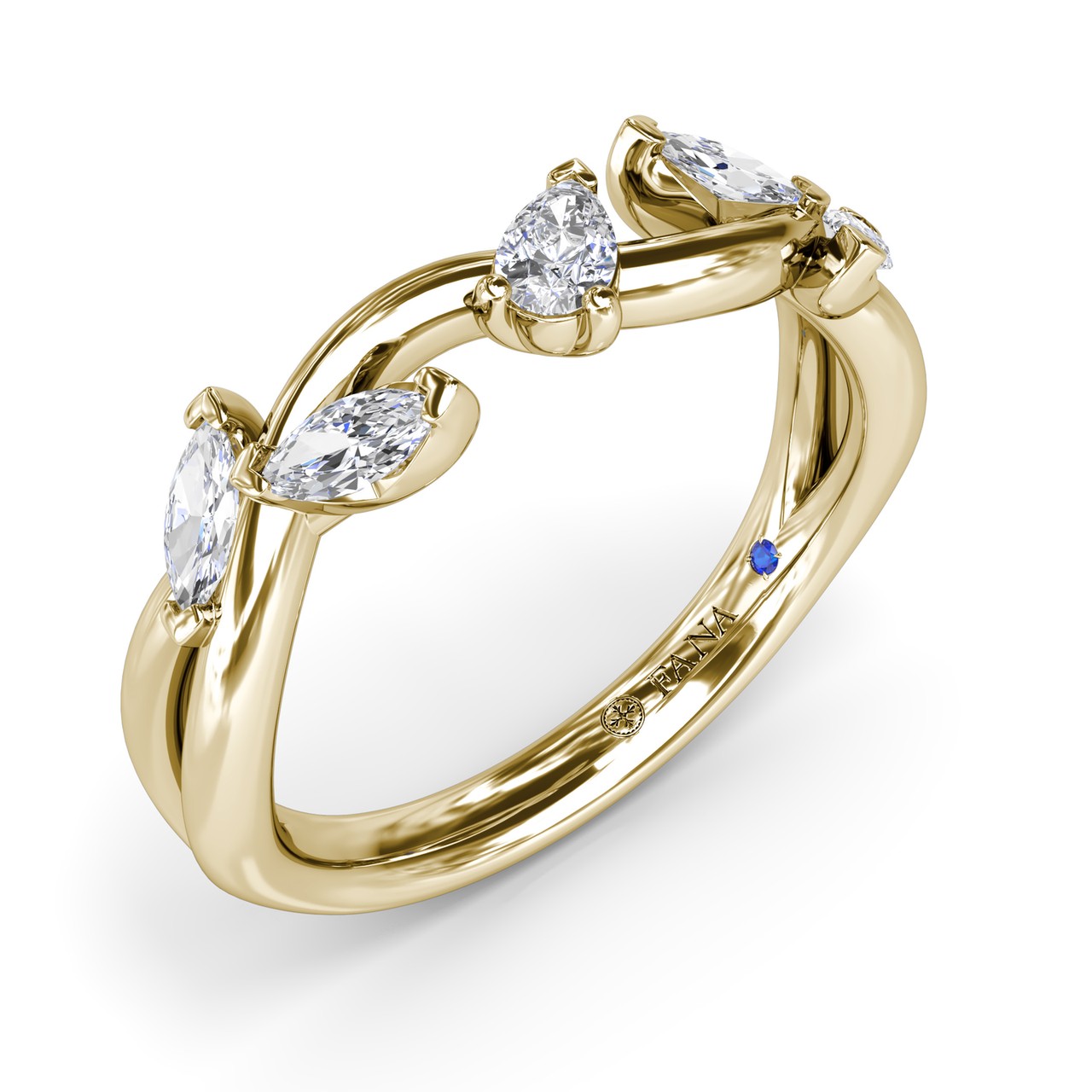 Angled side view of the Fana W4409 yellow gold anniversary band displaying how the sculpted leaf prongs hold the multi-shape diamond accents