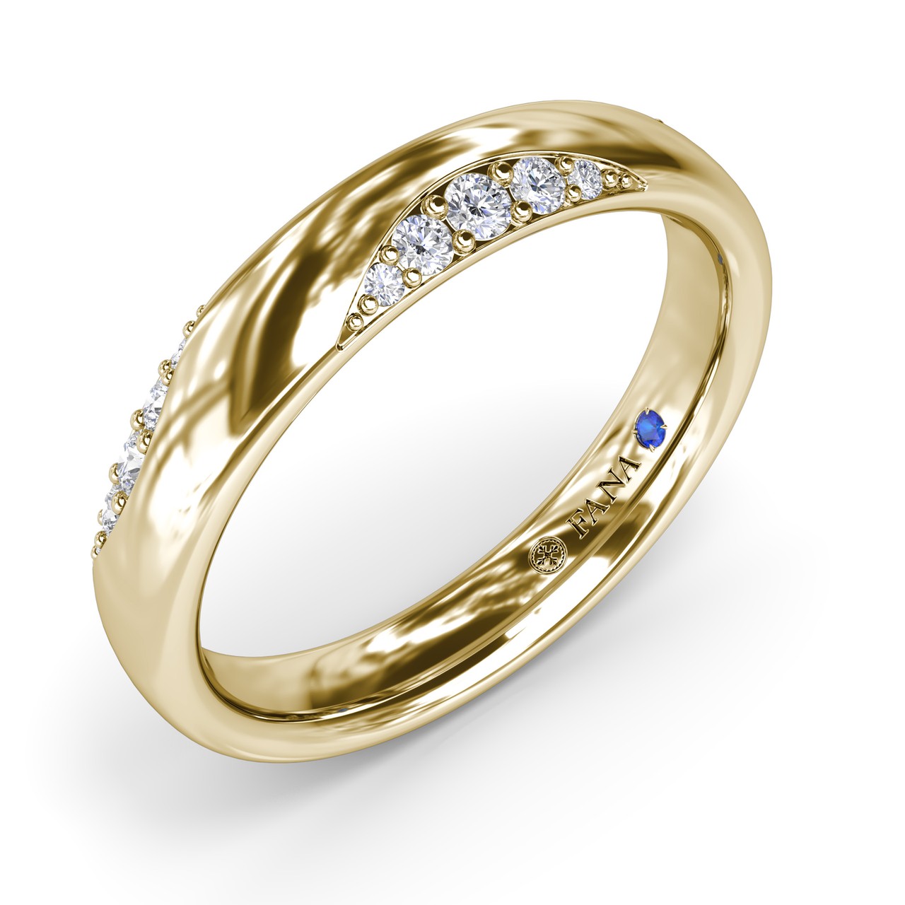 Angled side-view of the Fana W4432 wide yellow gold ring showing how the diamond pavé clusters curve dynamically along the smooth dome contours