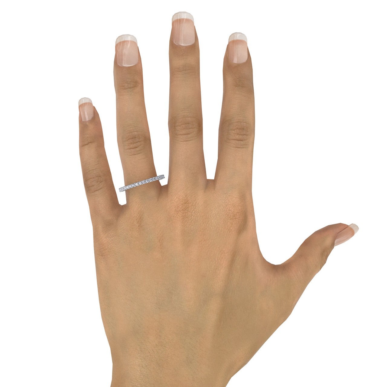 Fana W6123 white gold 0.50ct classic round diamond eternity band shown on a finger, displaying its slender everyday profile and delicate sparkle at Noah's Fine Watches & Jewelry