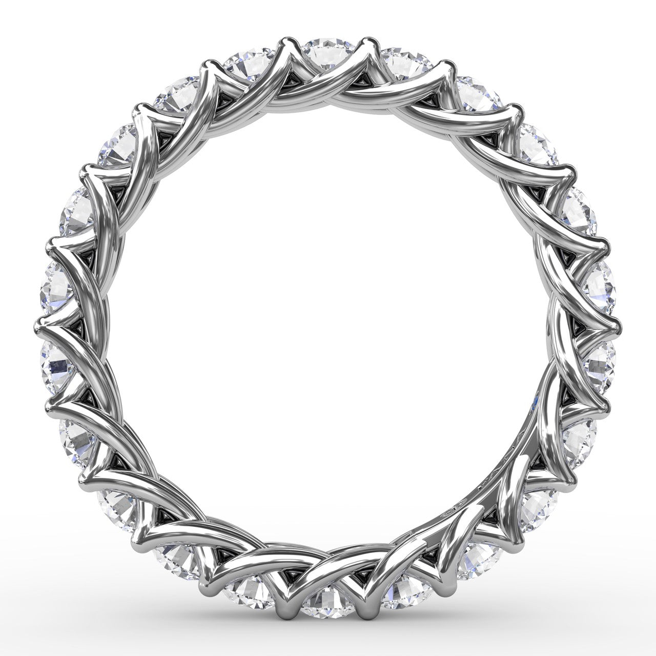Circular profile view of the Fana W6136 white gold eternity band, showcasing the intricate intertwining open-work trellis gallery underneath the 1.98ct diamonds