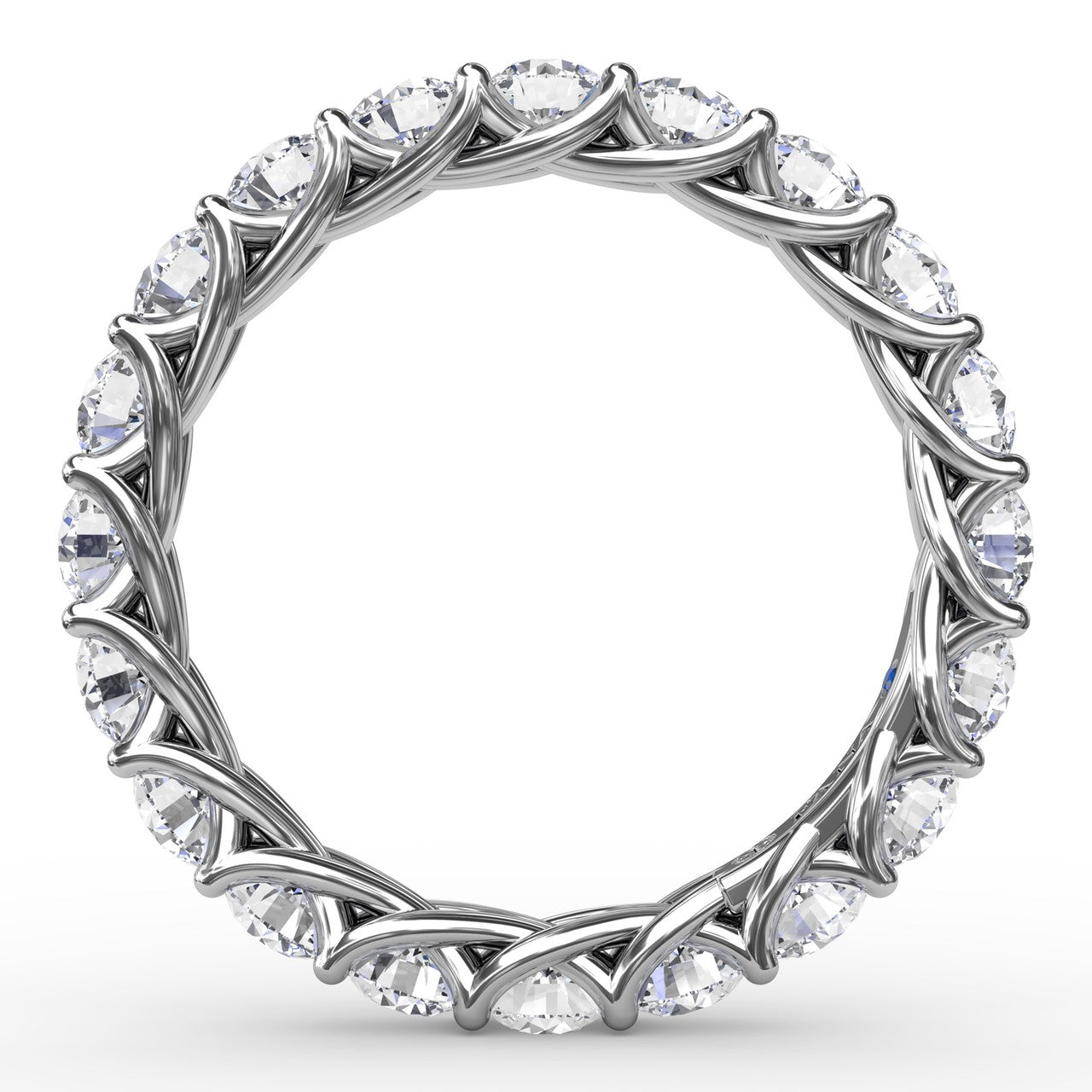 Circular interior profile view of the Fana W6137 white gold eternity band, showcasing the intricate intertwining open-work trellis gallery underneath the 2.54ct diamonds