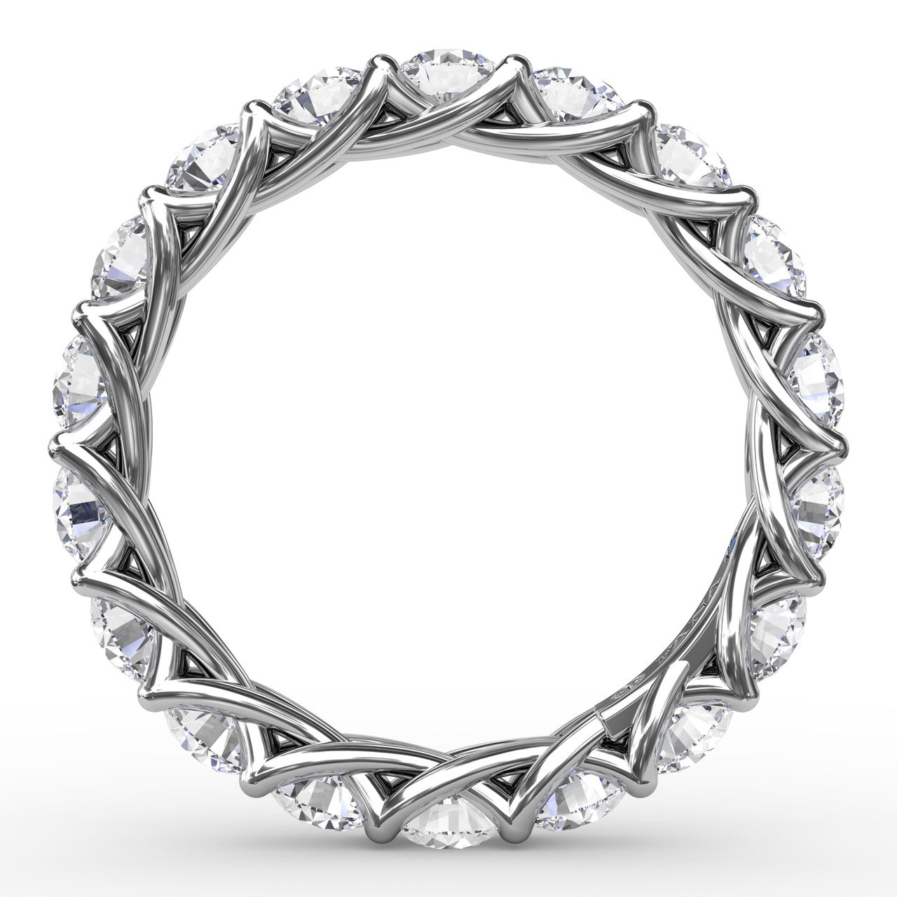 Circular profile view of the Fana W6138 white gold eternity band, showcasing the intricate intertwining open-work trellis gallery underneath the diamonds