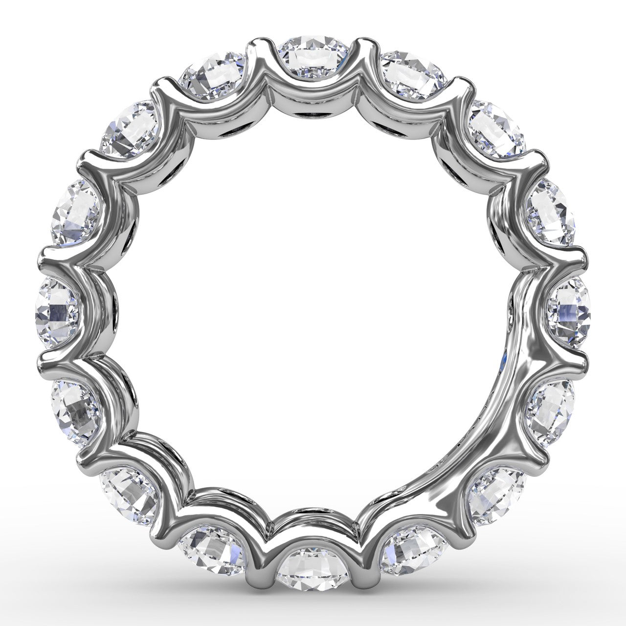 Circular profile view of the Fana W6139 white gold eternity band, highlighting the uniform diamond layout and scalloped shared-prong open gallery
