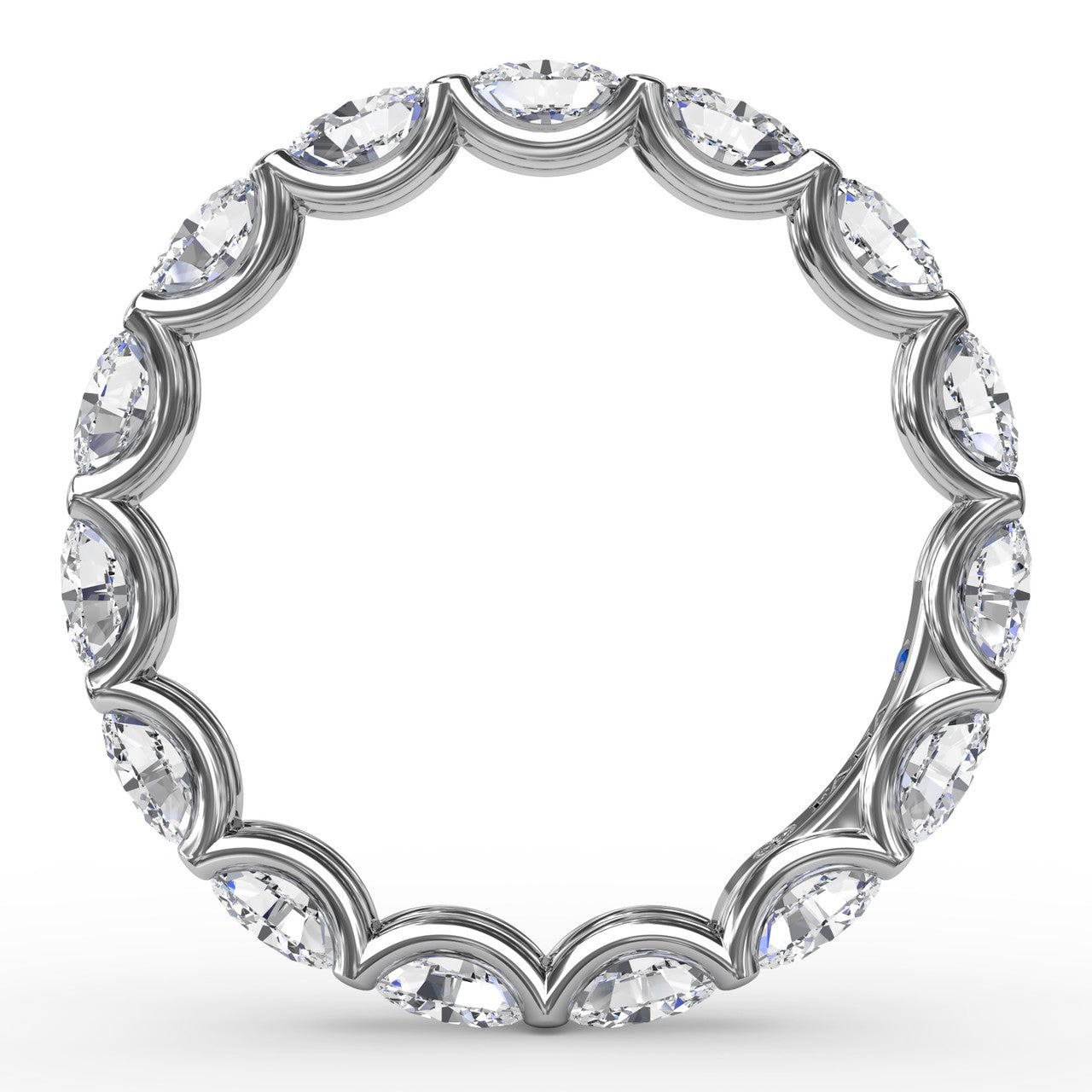 Circular interior profile view of the Fana W6140 white gold eternity band, showcasing the fluid horizontal stone alignment and scalloped shared-prong gallery