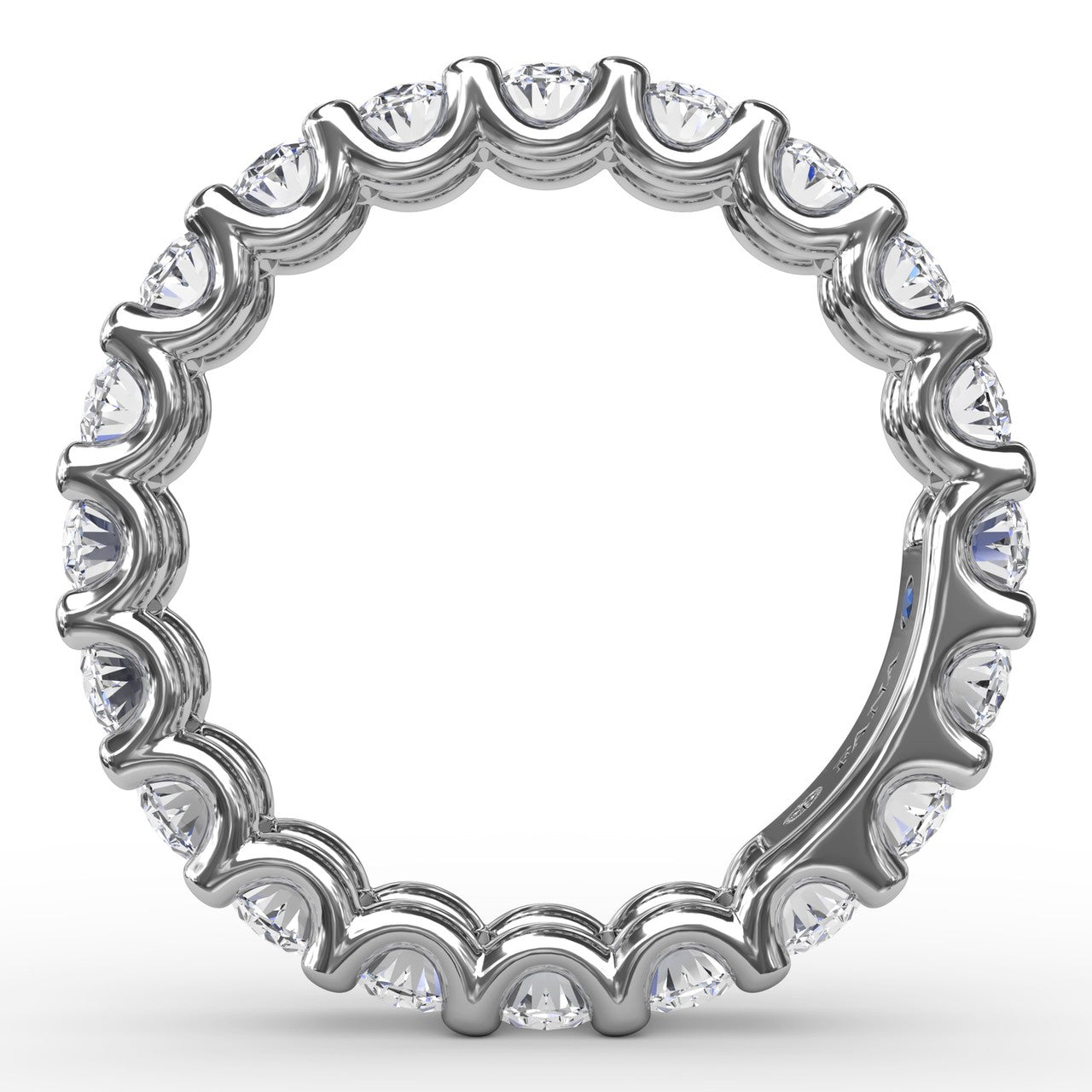 Circular interior profile view of the Fana W6141 white gold eternity band, highlighting the uniform oval stone spacing and scalloped shared-prong gallery