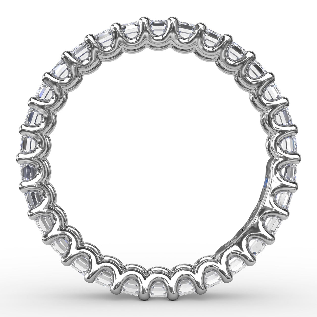 Circular interior profile view of the Fana W6143 white gold eternity band, highlighting the uniform step-cut stone alignment and open-scalloped prong basket gallery
