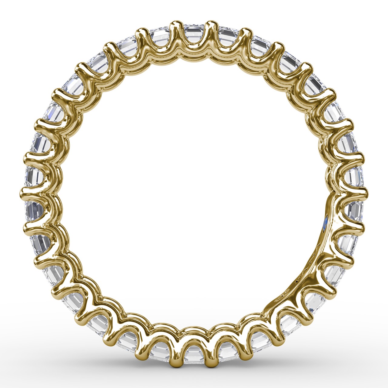 Circular interior profile view of the Fana W6143 yellow gold eternity band, highlighting the uniform emerald cut diamond alignment and open scalloped prong galleries