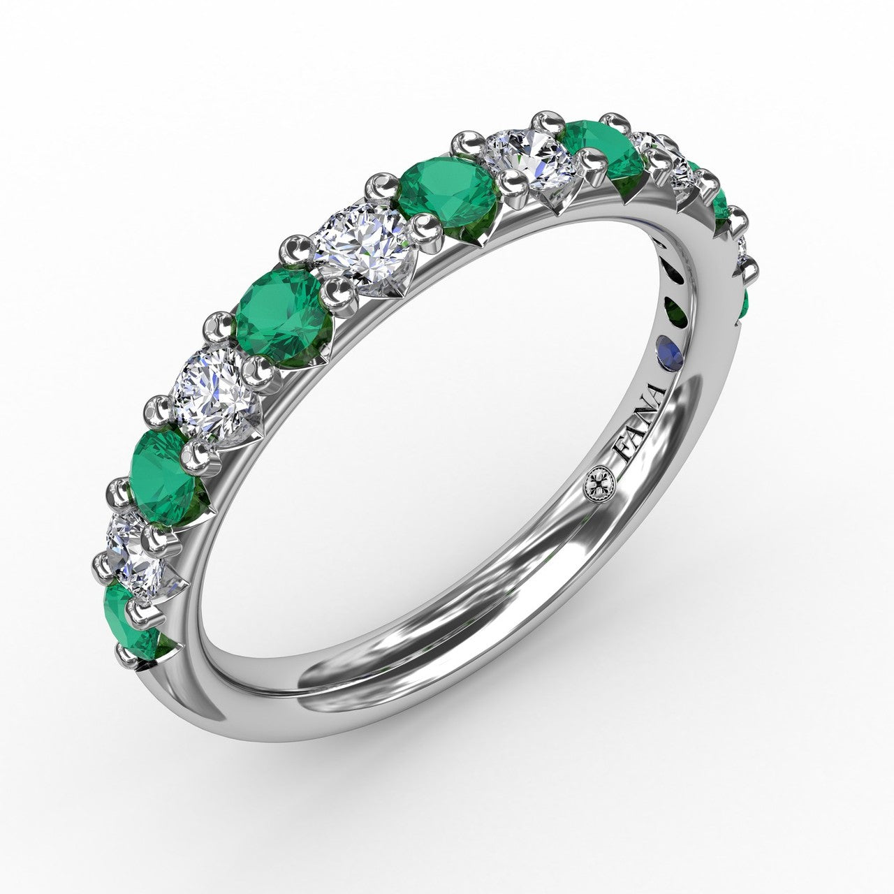 Angled side-view profile of the Fana W6203E 14kt white gold anniversary ring, showcasing the classic secure shared prong settings
