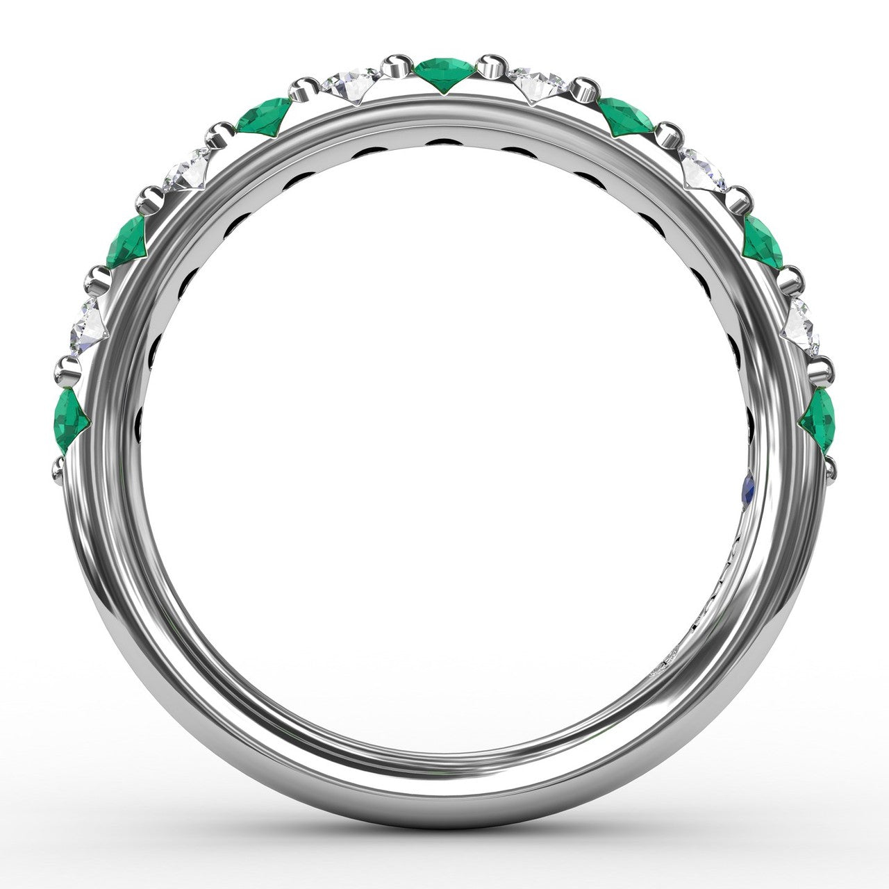 Circular interior view of the Fana W6203E emerald and diamond wedding ring highlighting the uniform stone spacing and signature interior gemstone accents