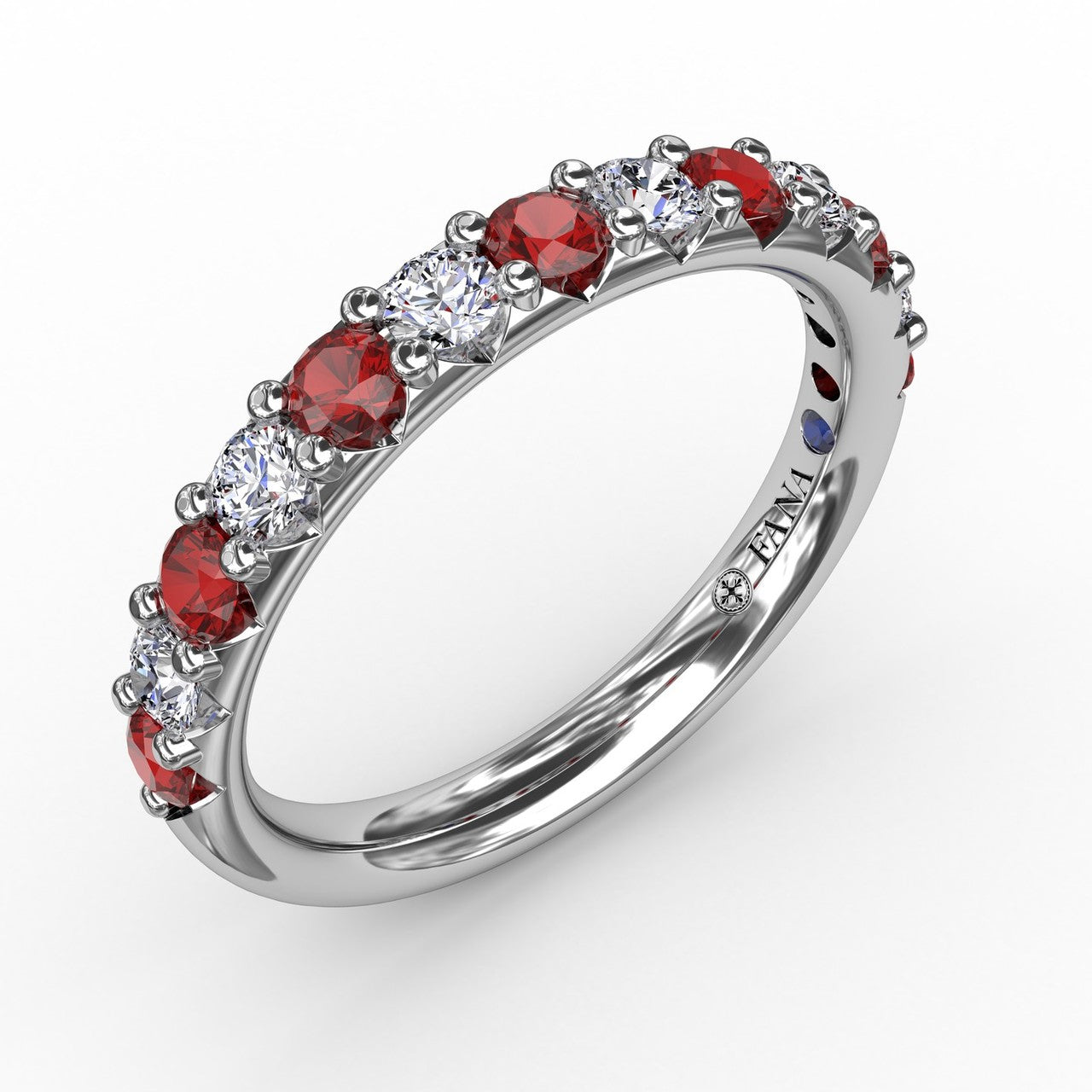 Angled side-view of the Fana W6203R 14kt white gold anniversary ring, showcasing the secure shared prong settings and high-brilliance side profile