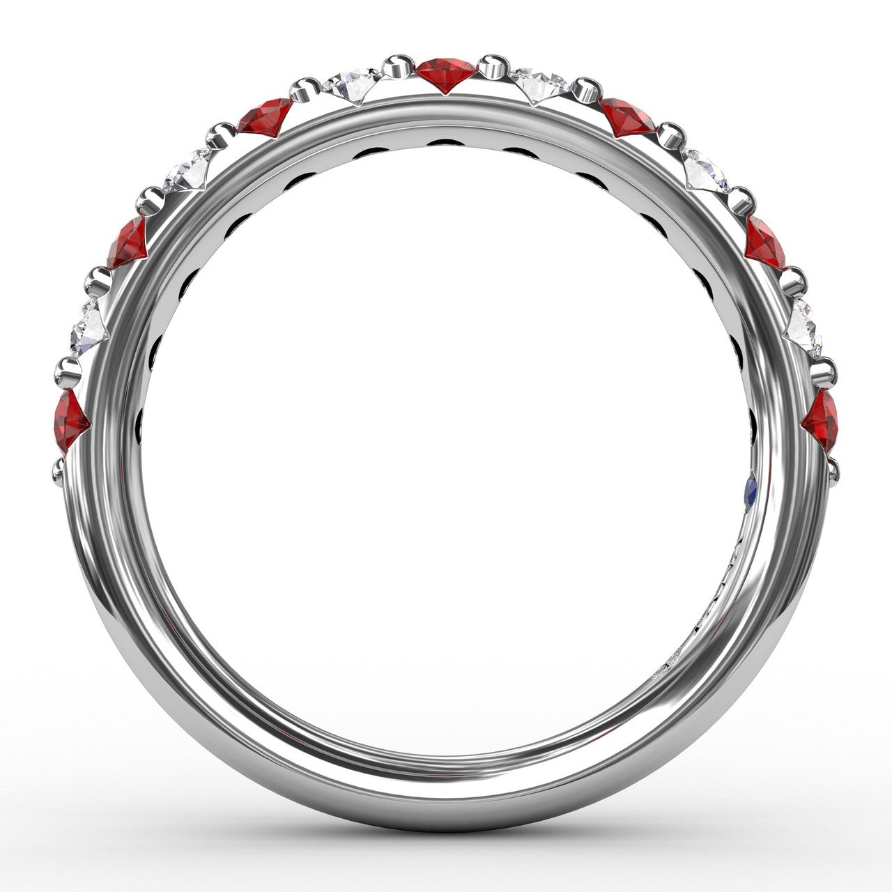 Circular interior profile view of the Fana W6203R ruby and diamond wedding ring highlighting the symmetrical stone layout and polished inner shank