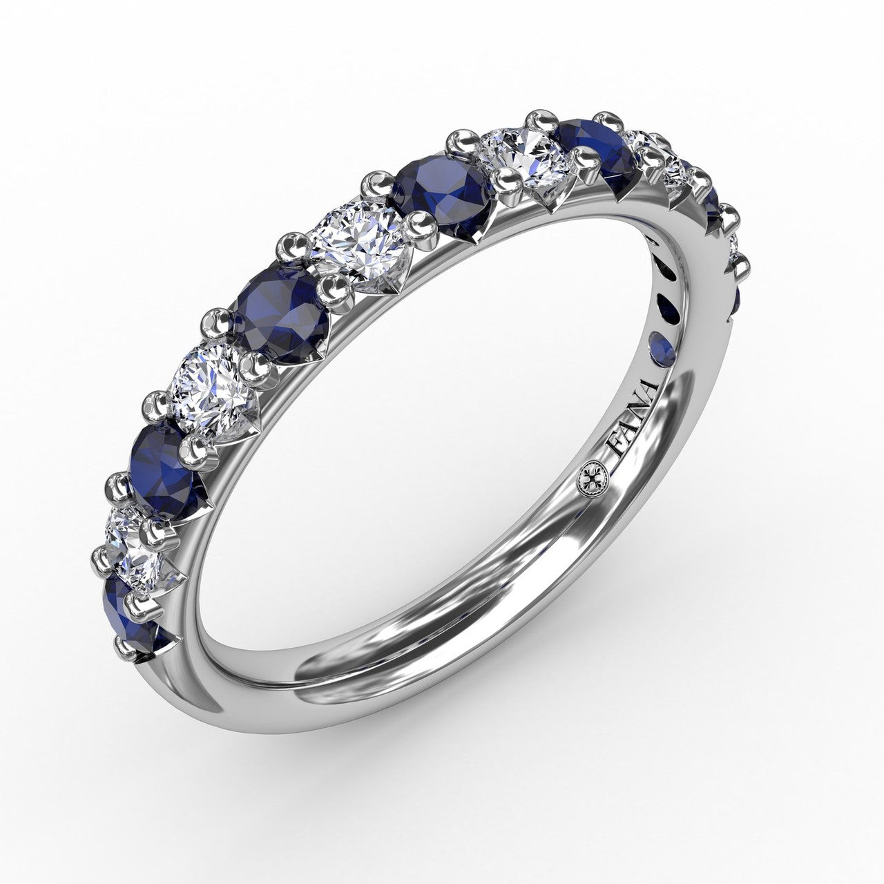 Angled side-view of the Fana W6203S 14kt white gold anniversary ring, showcasing the secure shared prong settings and exposed diamond side profile
