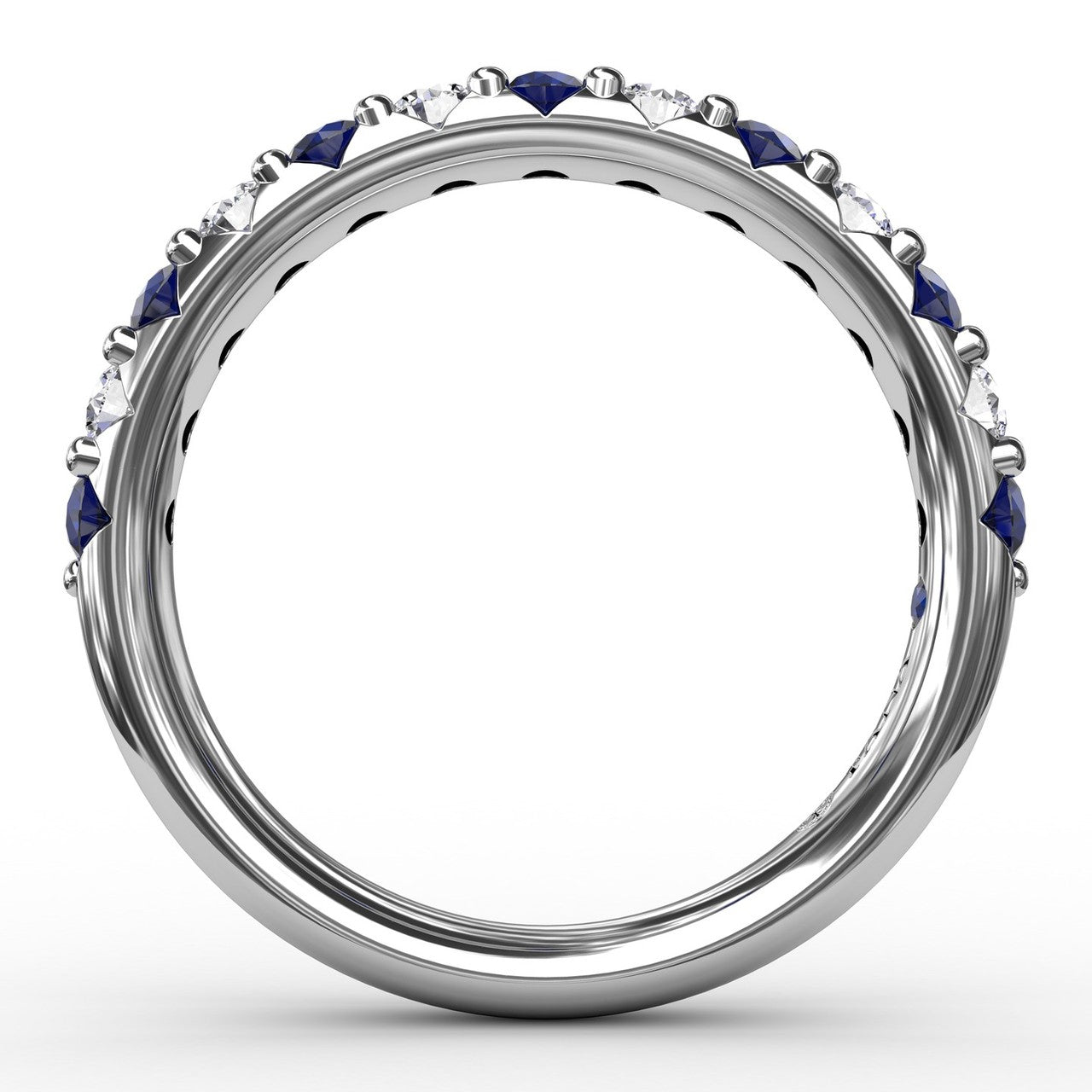 Circular interior profile view of the Fana W6203S blue sapphire and diamond wedding ring, showing the precise stone alignment and high-polish band