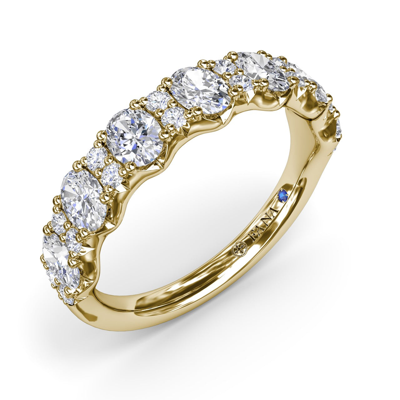 Angled side view of the Fana W6655 yellow gold diamond anniversary band showing the shared prong settings and high-polish finish