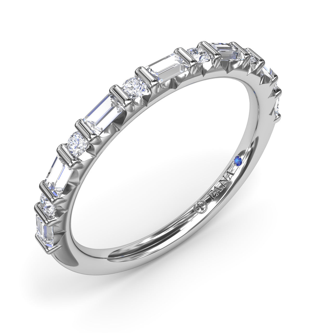 Angled side-view profile of the Fana W7493 14kt white gold wedding ring displaying the secure bar-prong geometry and diamond brilliance