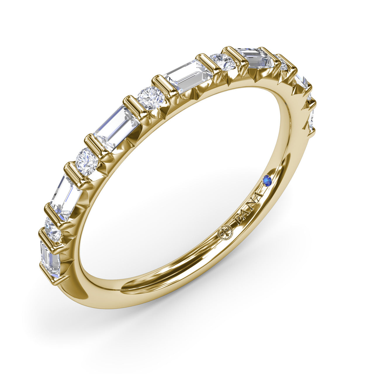 Angled side-view profile of the Fana W7493 14k yellow gold wedding ring displaying the secure setting geometry and stone clarity