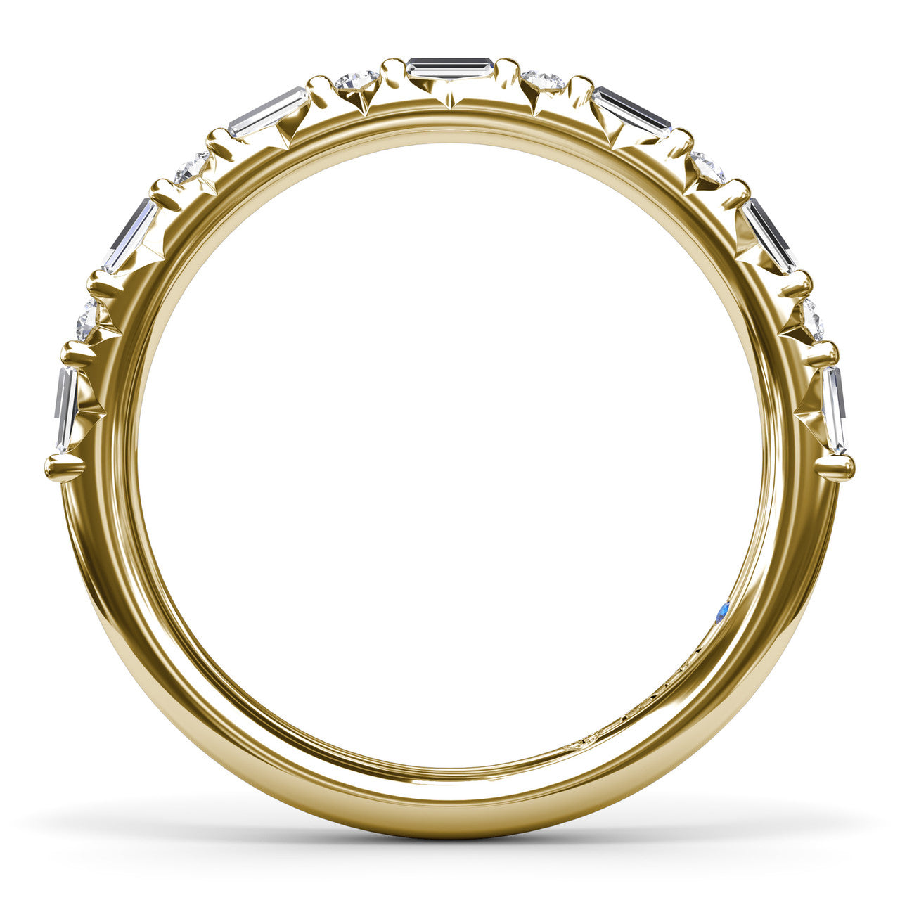 Circular interior view of the Fana W7493 yellow gold multi-shape diamond wedding band highlighting the precise bar prongs