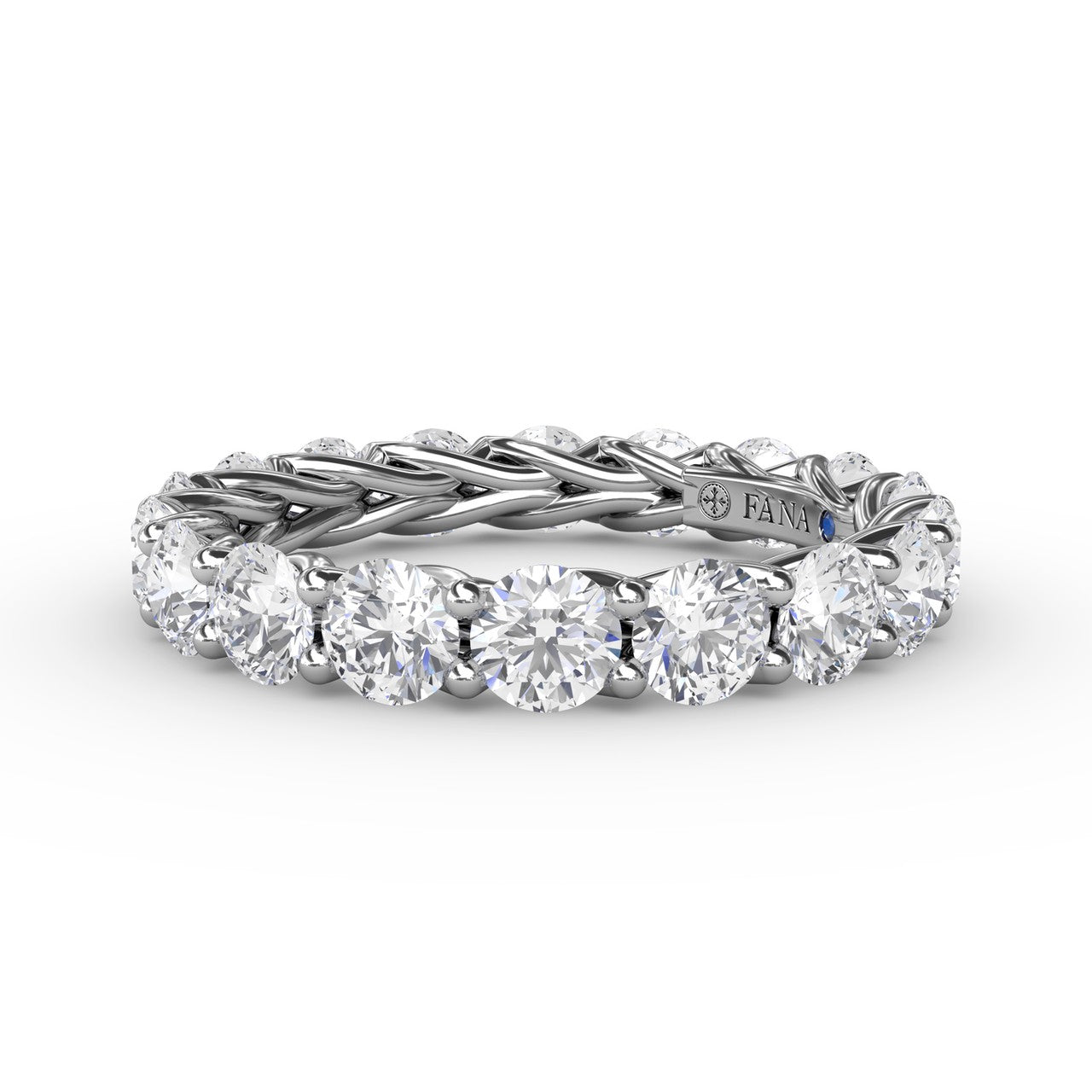 Fana 14k white gold woven diamond eternity band, style W6138, featuring a continuous circle of round brilliant diamonds on an interlocking braided metal band