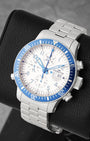 Three-quarter view of Fortis B-42 Diver Chronograph Alarm 641.10.170 featuring a white dial, blue timing bezel, and stainless steel bracelet