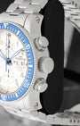 Close-up side view of the winding crown, alarm activation pusher, and chronograph pushers on a Fortis B-42 Diver