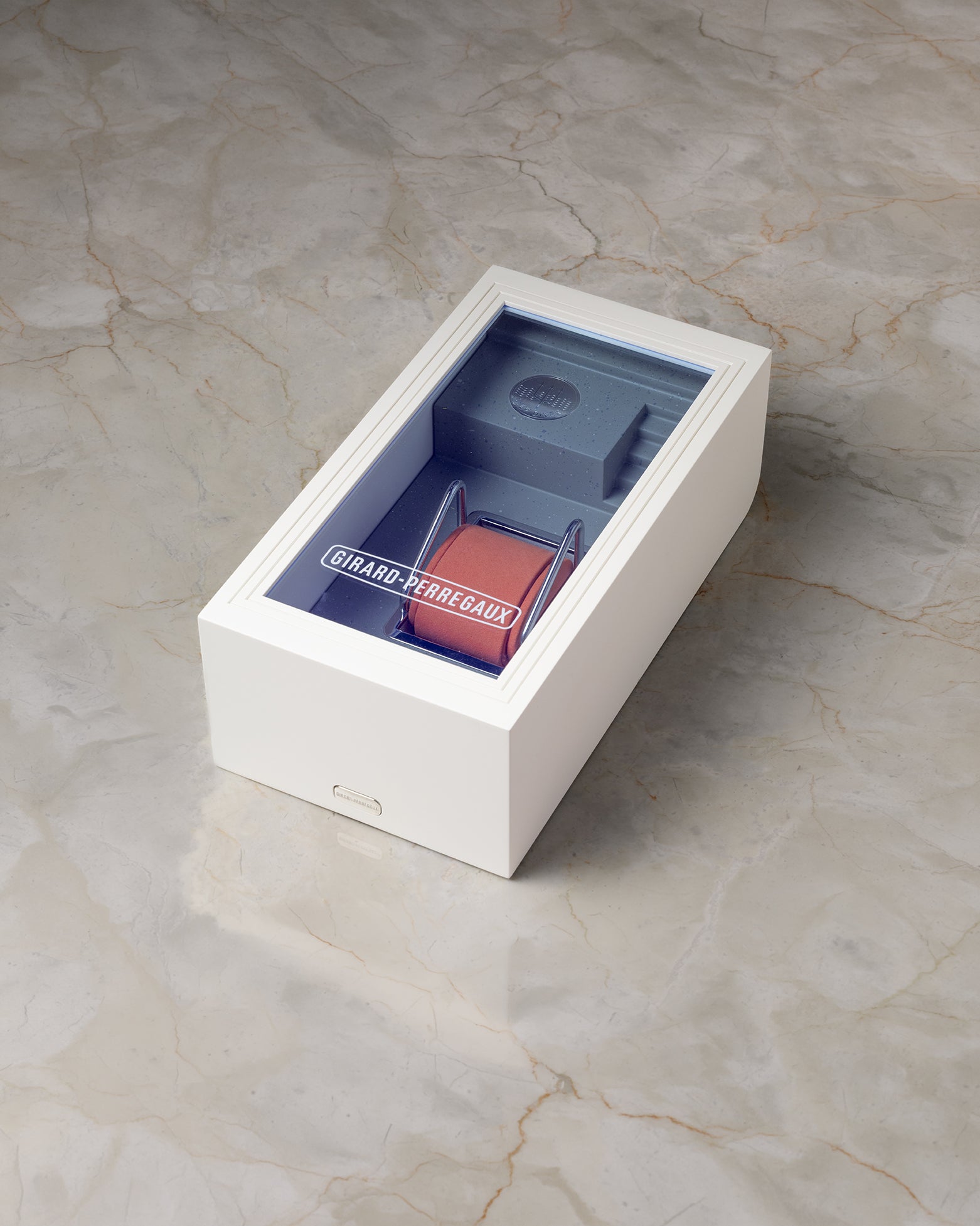 Original white presentation box for Girard-Perregaux x Bamford Deep Diver Legacy Edition 39500-21-3266-6CX at Noah's Fine Watches & Jewelry in Dallas