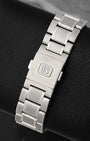 Rear view of the high-intensity titanium bracelet focusing on the secure three-fold deployment clasp featuring a cleanly recessed, solid GS logo emblem