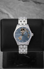Hamilton Jazzmaster Viewmatic Open Heart watch with a slate blue dial and exposed automatic movement