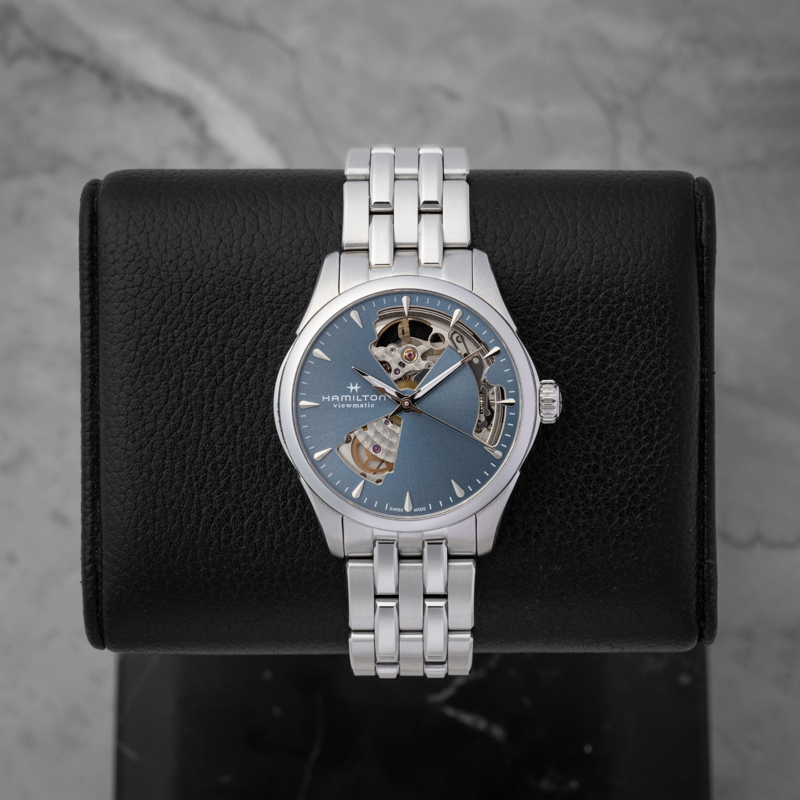 Hamilton Jazzmaster Viewmatic Open Heart watch with a slate blue dial and exposed automatic movement
