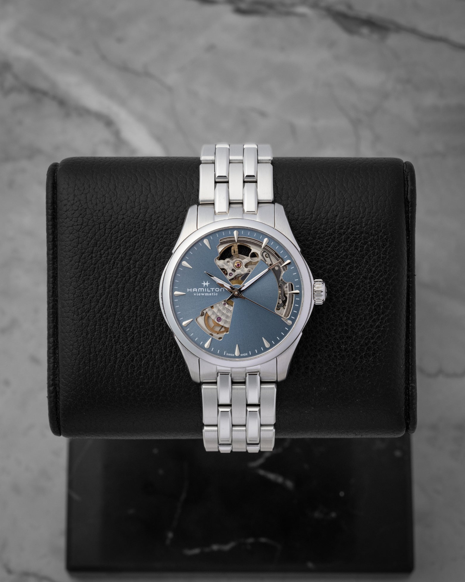 Hamilton Jazzmaster Viewmatic Open Heart watch with a slate blue dial and exposed automatic movement