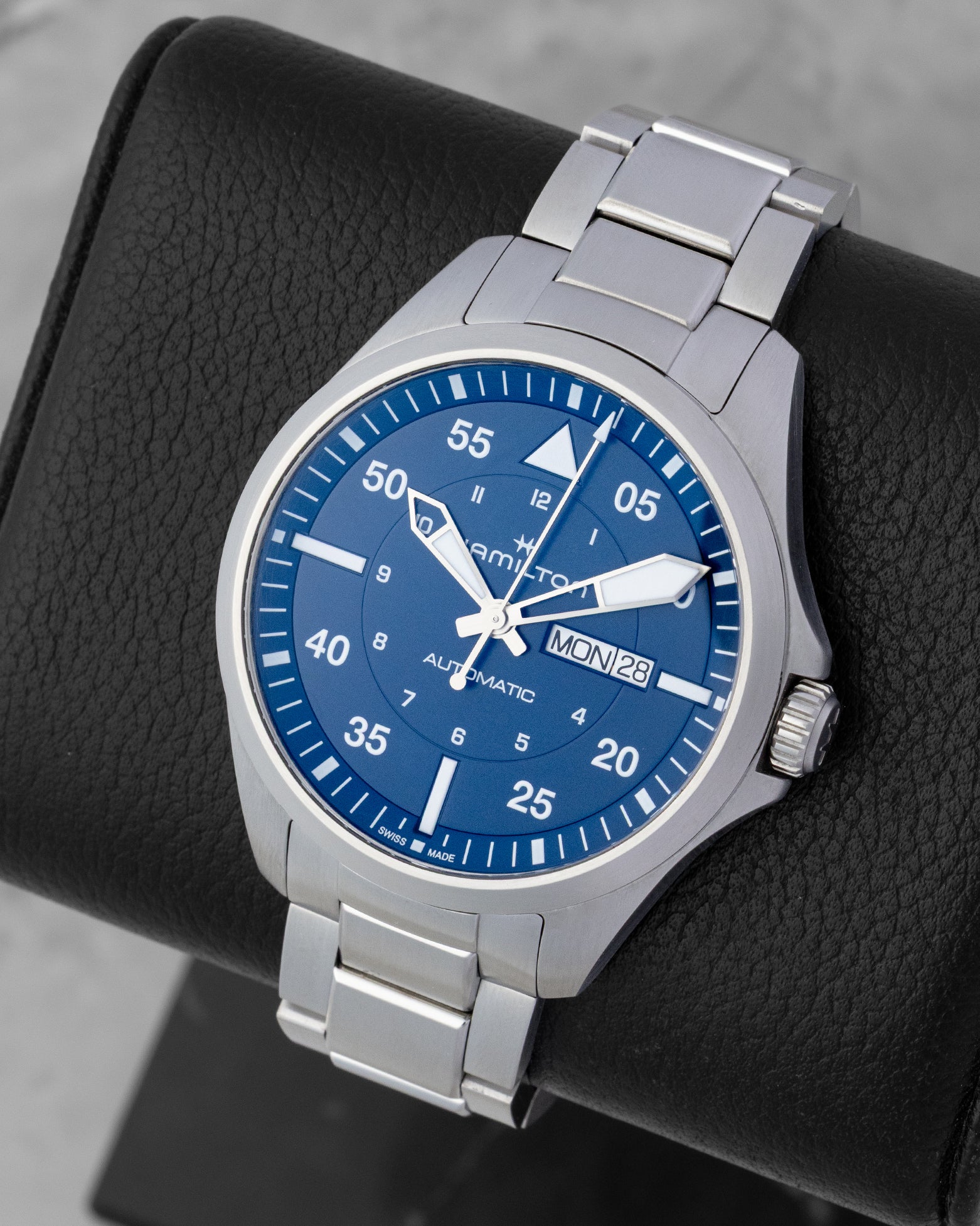 Angled shot of the Hamilton Khaki Aviation Pilot watch with luminous skeletonized syringe hands and inner hour scale disc