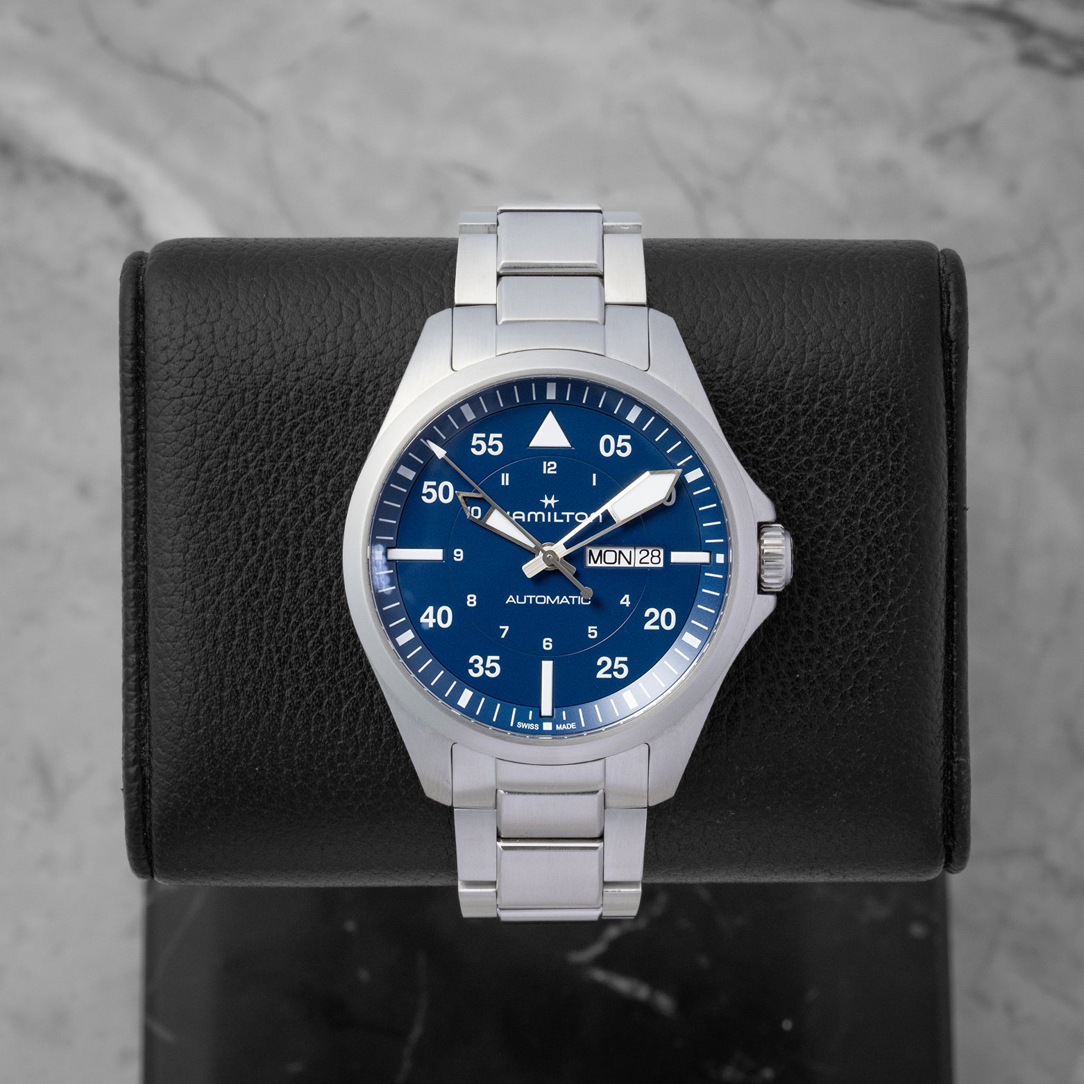 Hamilton Khaki Aviation Pilot Day-Date watch featuring a steel-blue Type-B dial Arabic minute numeralsa and a day-date window