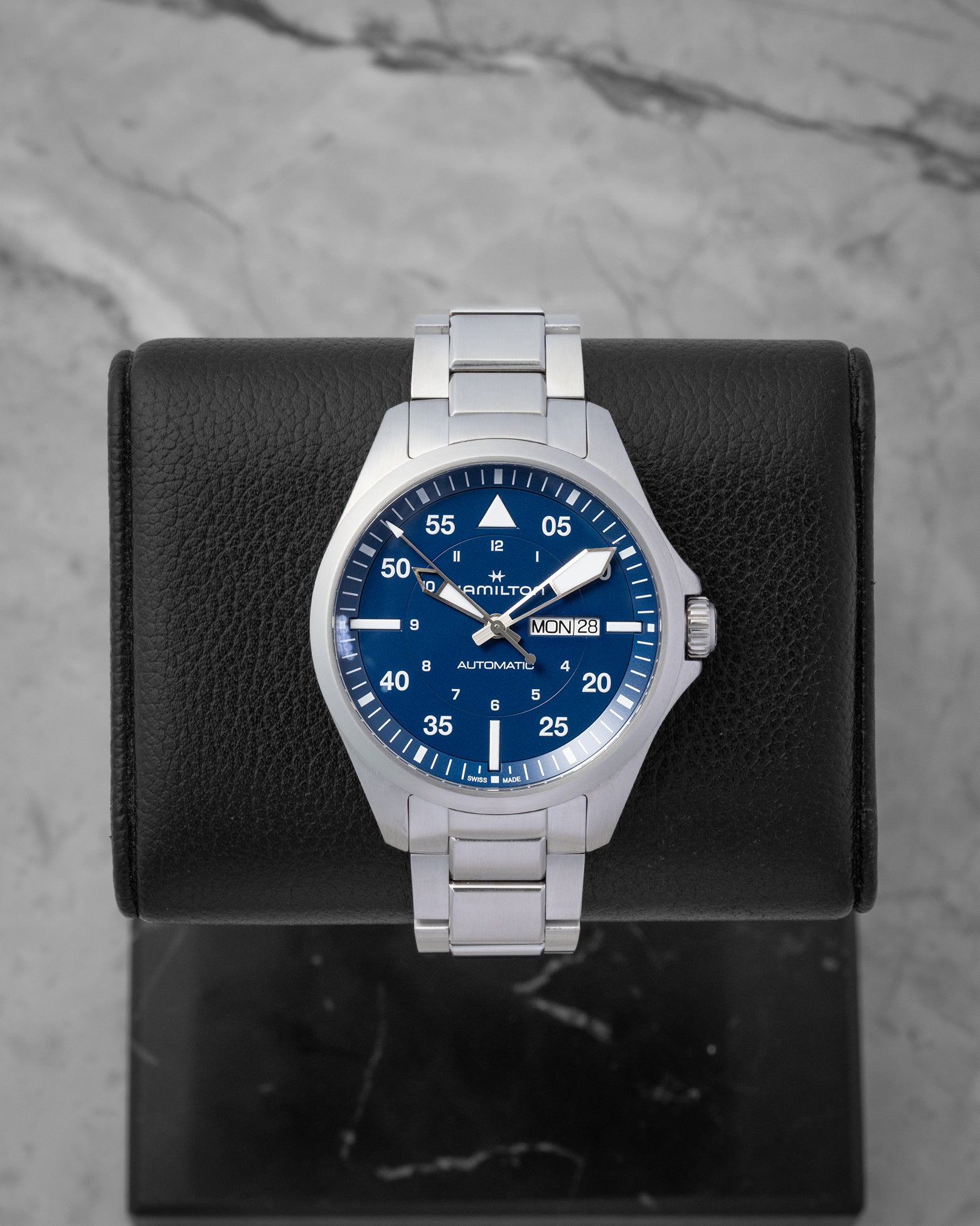 Hamilton Khaki Aviation Pilot Day-Date watch featuring a steel-blue Type-B dial Arabic minute numeralsa and a day-date window