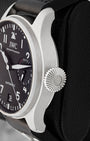 Side profile view showing the iconic oversized conical screw-in crown and stainless steel case of IWC Big Pilot's Watch IW501001