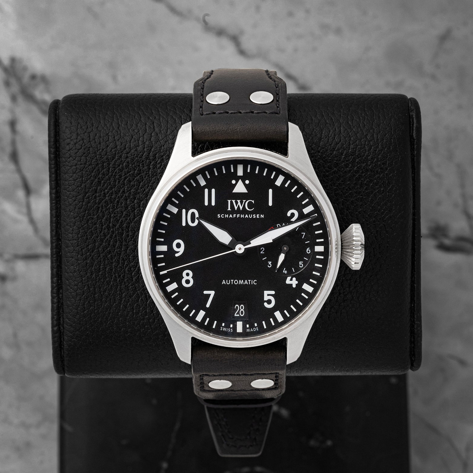 Pre-owned 2022 IWC Big Pilot's Watch 46mm reference IW501001 with black dial and 7-day power reserve indicator at Noah's Fine Watches & Jewelry in Dallas, Texas