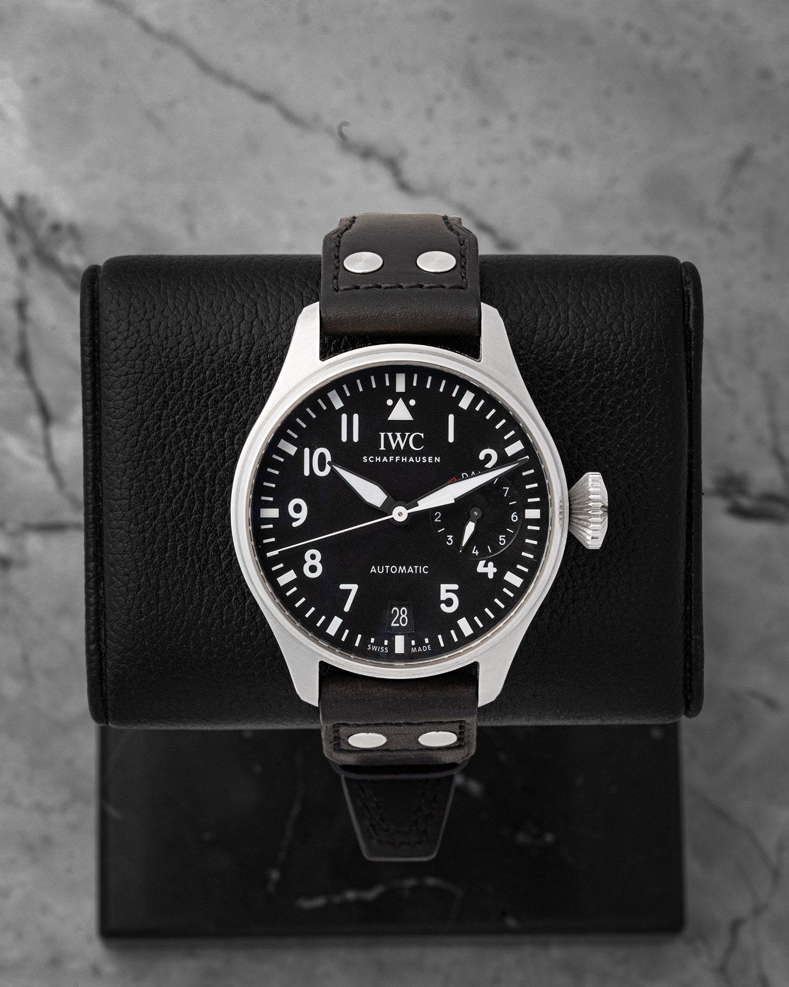 Pre-owned 2022 IWC Big Pilot's Watch 46mm reference IW501001 with black dial and 7-day power reserve indicator at Noah's Fine Watches & Jewelry in Dallas, Texas