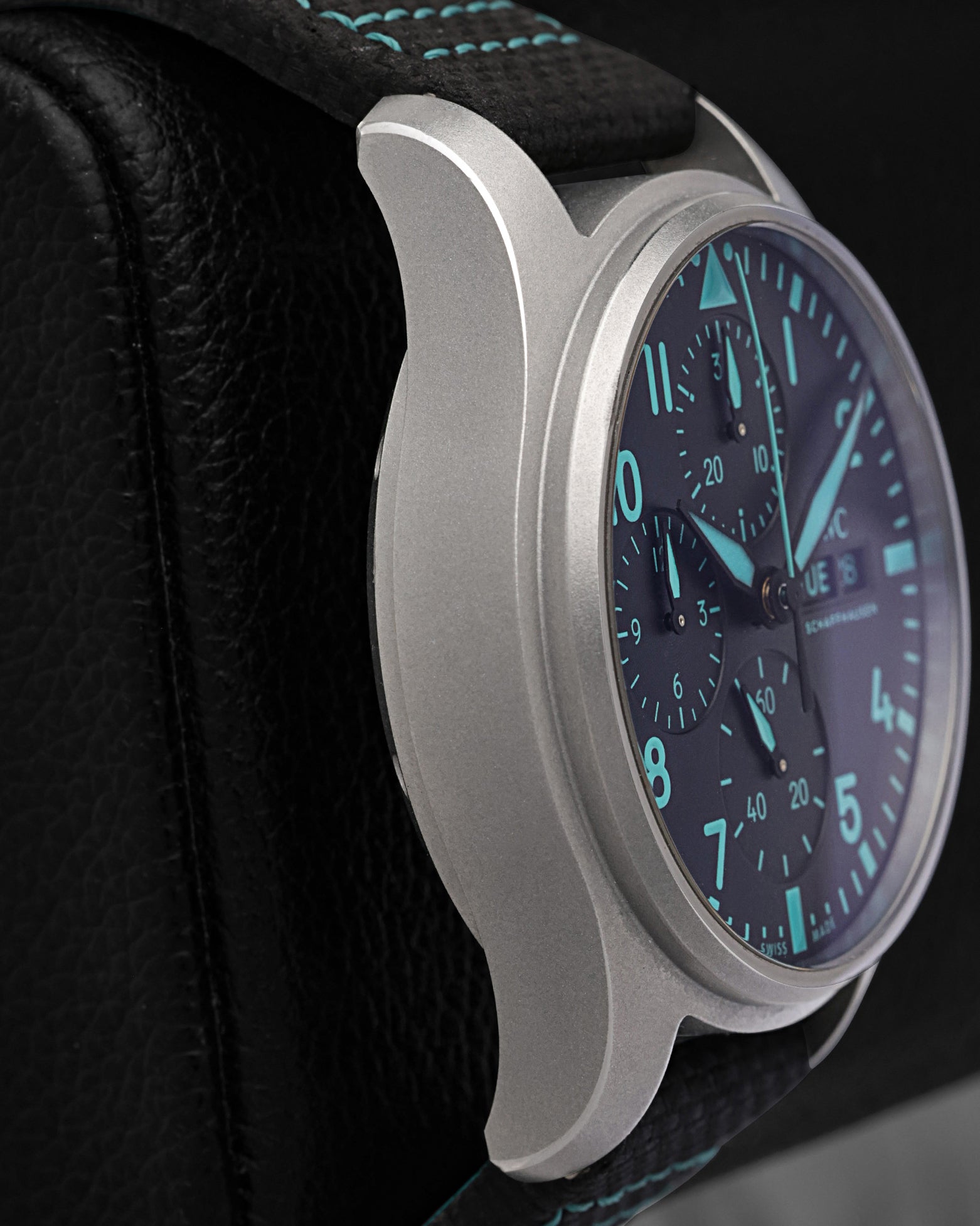 Side profile of the lightweight 41mm titanium case on an IWC Pilot's Watch Chronograph